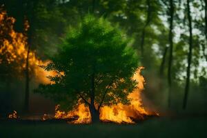 a tree is burning in the forest. AI-Generated photo