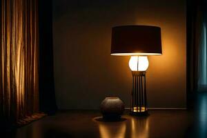 a lamp is sitting on a table next to a vase. AI-Generated photo