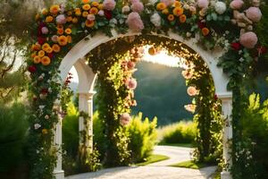 a wedding arch with flowers and greenery. AI-Generated photo