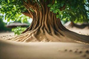 a tree with roots in the sand. AI-Generated photo