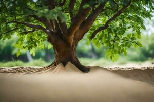 a tree in the sand with a green leaf. AI-Generated photo