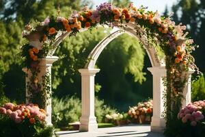 an archway with flowers and greenery. AI-Generated photo