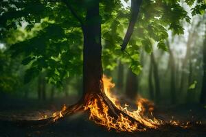 un árbol con fuego viniendo fuera de eso en el medio de el bosque. generado por ai foto