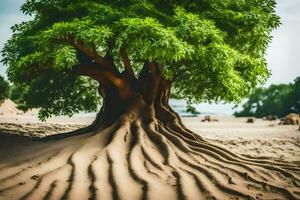 a tree with roots growing out of the sand. AI-Generated photo