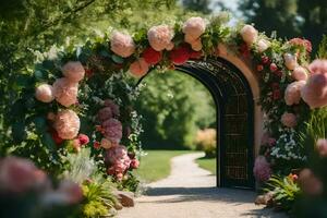 a beautiful archway with pink flowers and green grass. AI-Generated photo