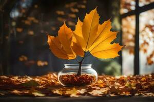 a small plant in a glass jar on a table surrounded by autumn leaves. AI-Generated photo