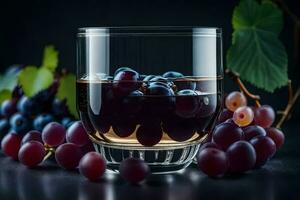 a glass of wine with grapes on a dark background. AI-Generated photo