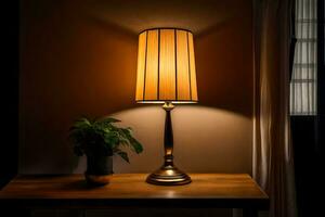 a lamp on a table in front of a window. AI-Generated photo