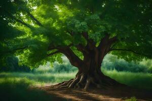 un grande árbol con raíces en el medio de un campo. generado por ai foto