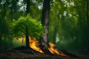 a small tree is sitting on top of a fire. AI-Generated photo