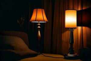 dos lamparas son sentado en un cama en el oscuro. generado por ai foto