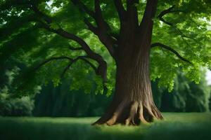 un grande árbol en el medio de un campo. generado por ai foto