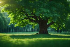 a large tree in the middle of a green field. AI-Generated photo