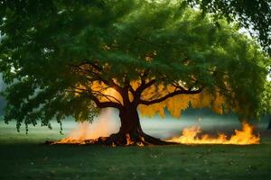 un árbol con llamas viniendo fuera de él. generado por ai foto