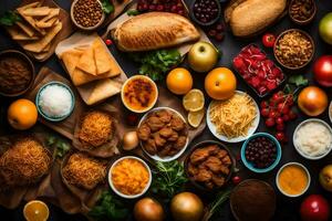 a variety of food is arranged on a table. AI-Generated photo