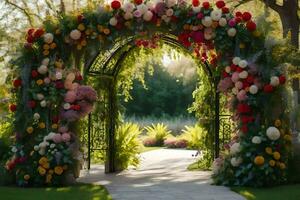 a beautiful archway with flowers and greenery. AI-Generated photo