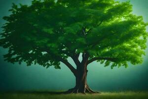 un árbol es mostrado en un verde campo. generado por ai foto