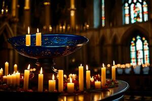 a blue bowl filled with candles and candles. AI-Generated photo