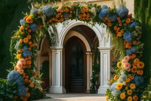 un Boda arco hecho de flores en frente de un casa. generado por ai foto