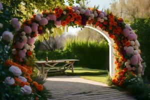 a flower archway is decorated with orange and pink flowers. AI-Generated photo