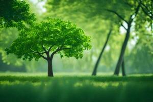 un árbol es en pie en el medio de un verde campo. generado por ai foto