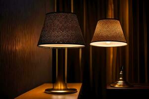 two lamps are on a table in front of a curtain. AI-Generated photo