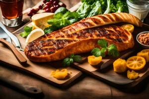 grilled salmon on a wooden cutting board with bread and vegetables. AI-Generated photo