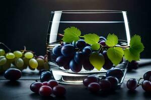 uvas en un vaso de agua. generado por ai foto