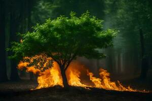 a tree is burning in the middle of a forest. AI-Generated photo