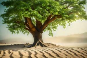 a tree in the desert with sand and fog. AI-Generated photo