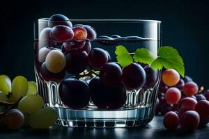 uvas en un vaso de agua. generado por ai foto