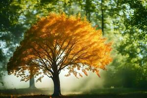 un soltero árbol en el medio de un bosque. generado por ai foto