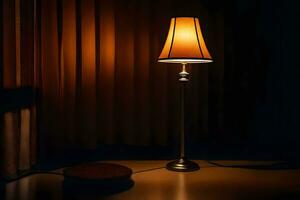 un lámpara en un mesa en el oscuro. generado por ai foto
