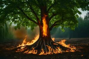 a tree with fire coming out of it. AI-Generated photo