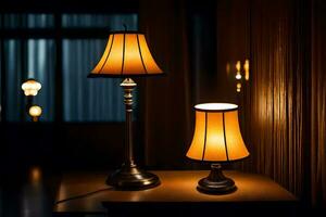 dos lamparas sentar en un mesa en un oscuro habitación. generado por ai foto
