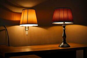 two lamps on a table in a dark room. AI-Generated photo