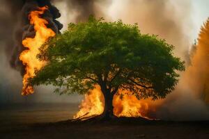 a tree is burning in the middle of a field. AI-Generated photo