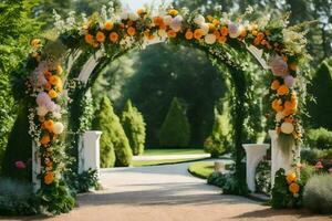 un arco decorado con flores y verdor. generado por ai foto