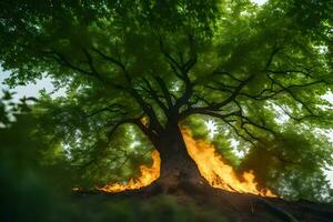 a tree with flames coming out of it. AI-Generated photo