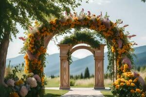 an archway with flowers and mountains in the background. AI-Generated photo