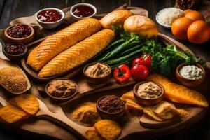 a platter of food including chips, vegetables, and dip. AI-Generated photo