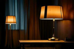 two lamps sit on a table in front of a curtain. AI-Generated photo