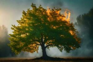un árbol con llamas viniendo fuera de él. generado por ai foto