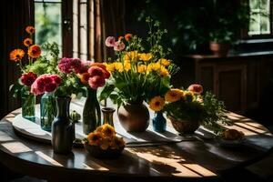 flowers in vases on a table. AI-Generated photo