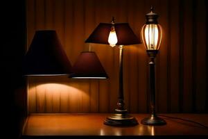 Tres lamparas en un mesa en frente de un pared. generado por ai foto