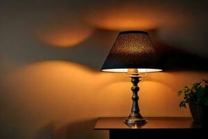 a lamp on a table in front of a wall. AI-Generated photo