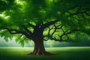 un grande árbol en un verde campo con césped. generado por ai foto