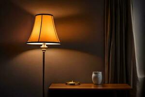 a lamp is on a table next to a vase. AI-Generated photo