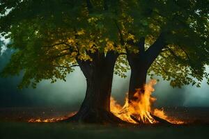 dos arboles con fuego viniendo fuera de ellos en el medio de el noche. generado por ai foto