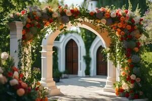 an archway with flowers and greenery. AI-Generated photo